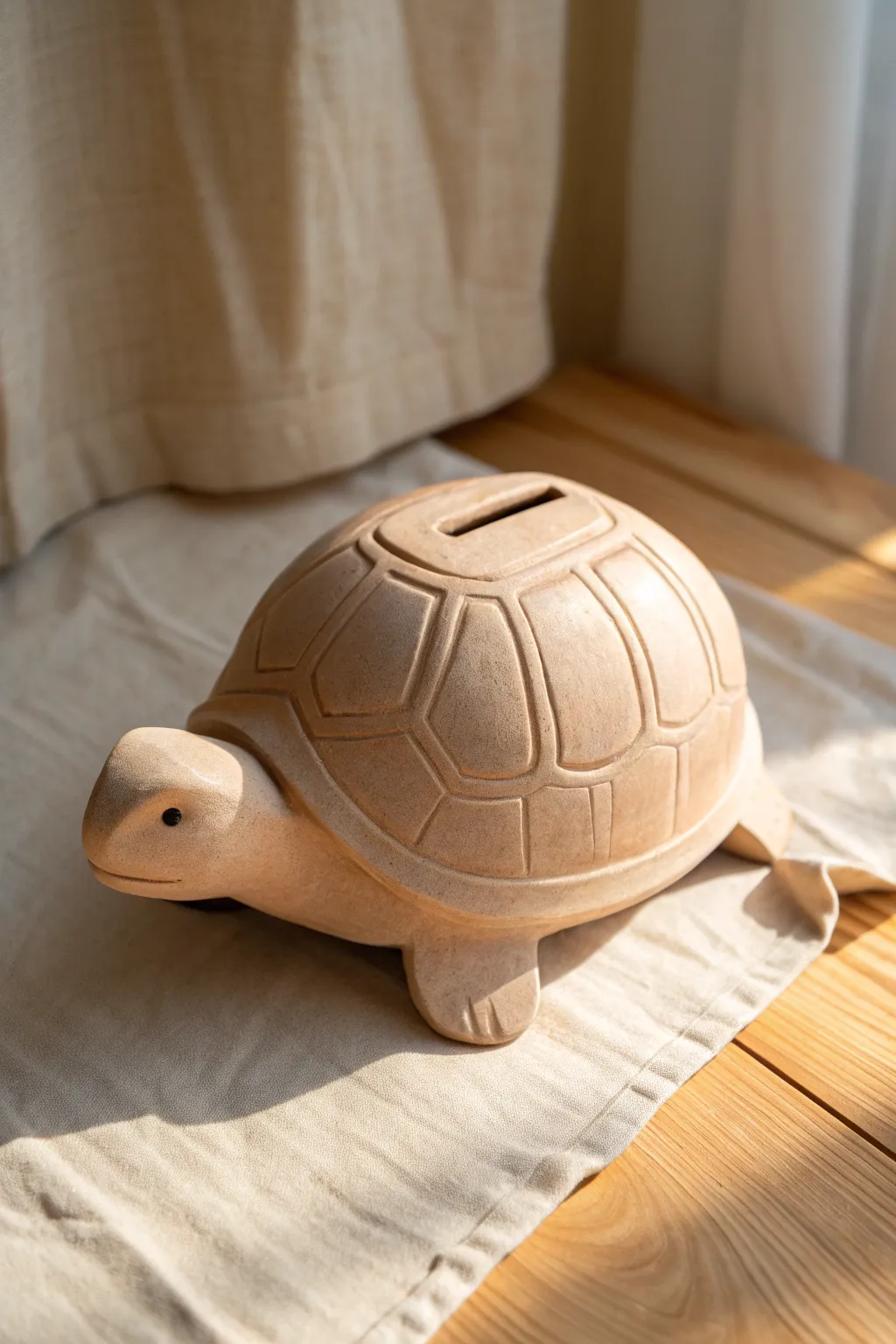 DIY turtle clay bank with a patterned shell, minimal and cozy, perfect for saving spare coins