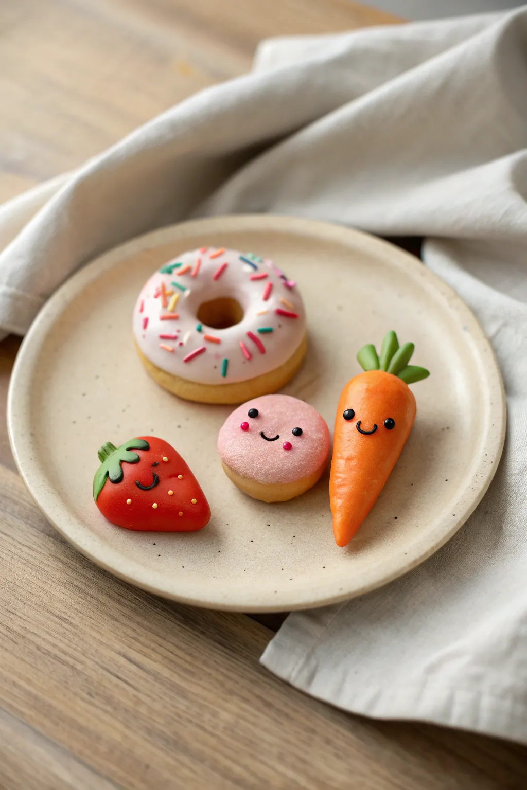 Tiny polymer clay treats and veggie friends with cute faces, simple shapes, and cozy minimal style