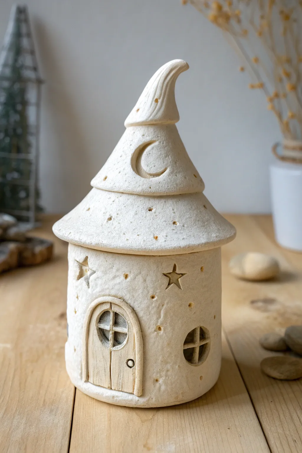 Whimsical spell jar house with a crooked wizard-hat lid, moon and stars, and a tiny window.