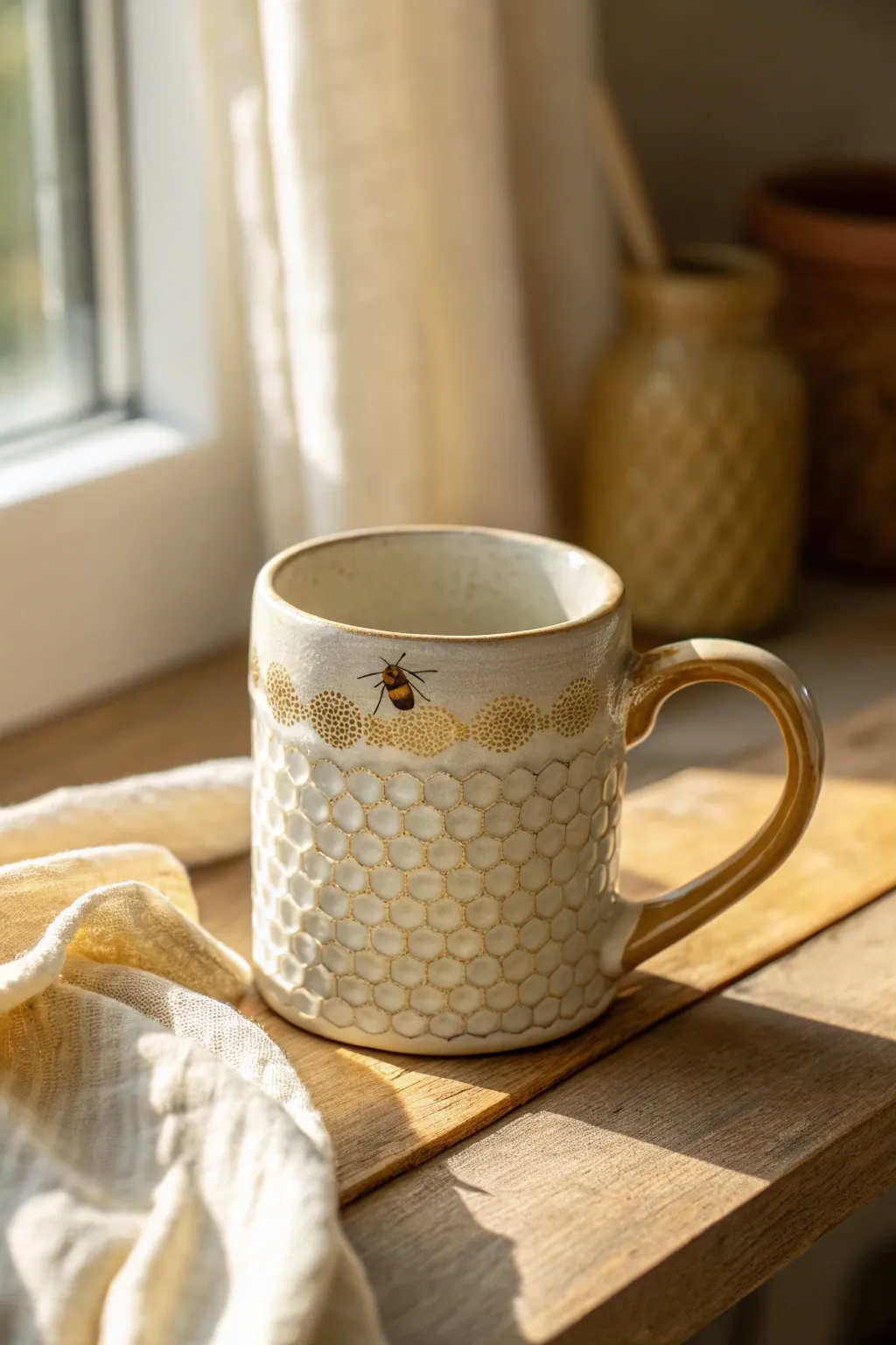 Honeycomb-textured clay mug with a tiny raised bee, warm golden tones and cozy minimal style.