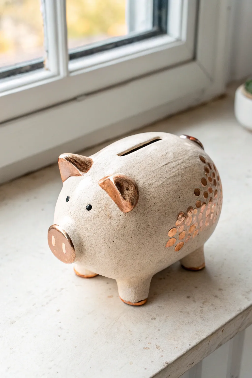 Matte blush clay piggy bank with rose-gold accents, minimal Scandinavian style, handmade charm.
