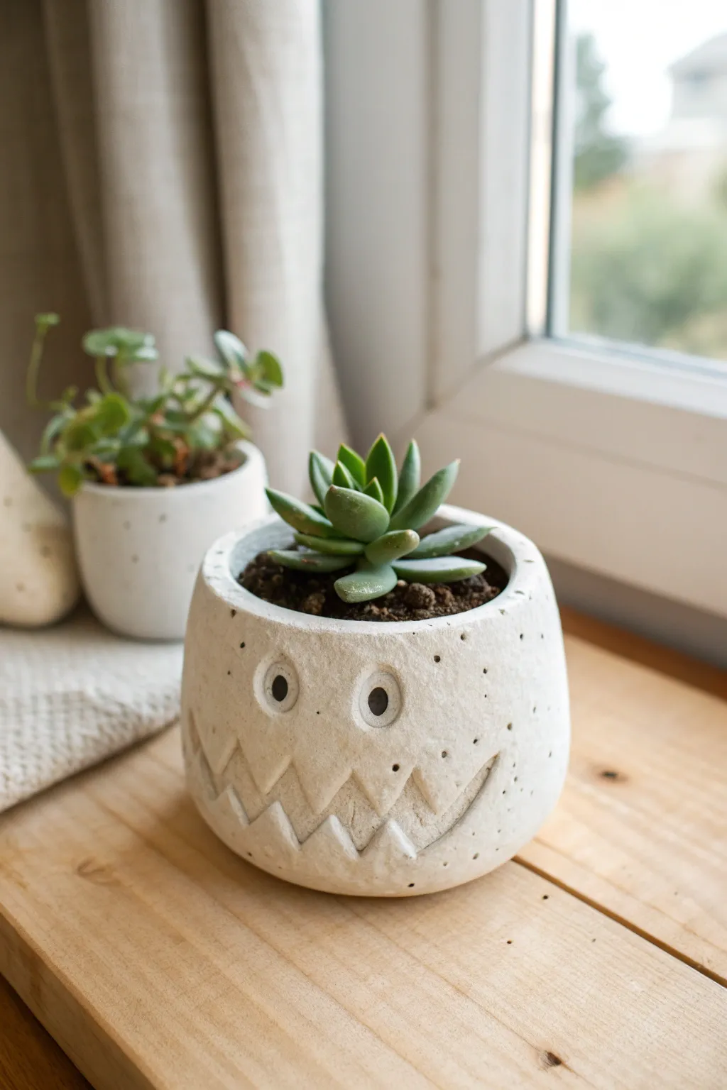 A minimalist teethy mouth planter guarding a tiny succulent for a cute-creepy clay vibe