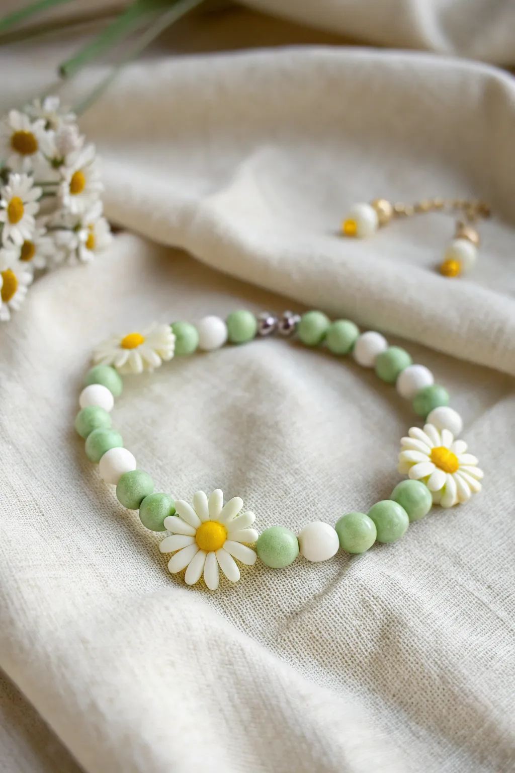 Dainty daisy clay beads paired with pastel greens for a soft, garden-inspired bracelet.