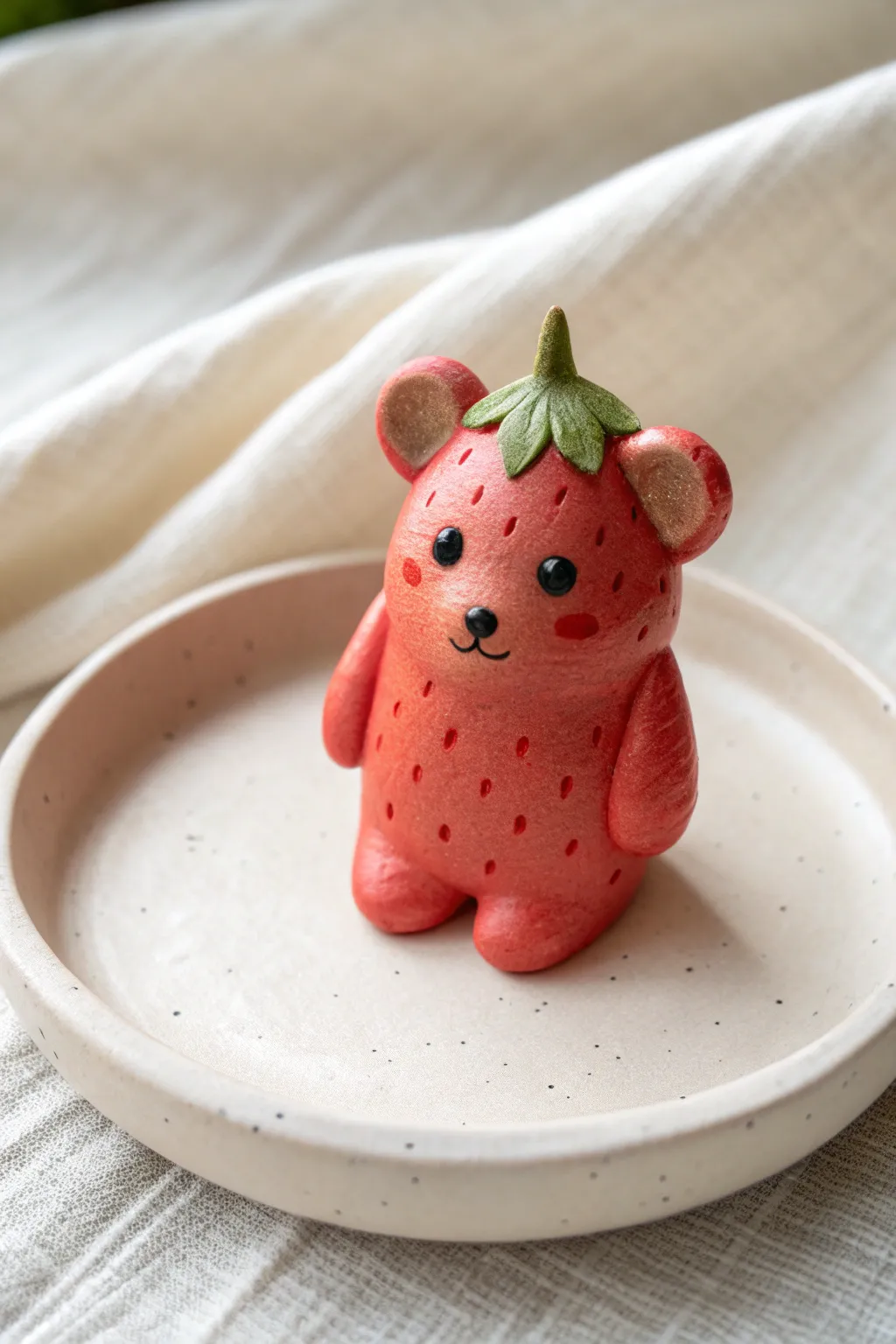 Mini strawberry bear made from air clay, sweet fruit texture in a clean Scandinavian boho setting