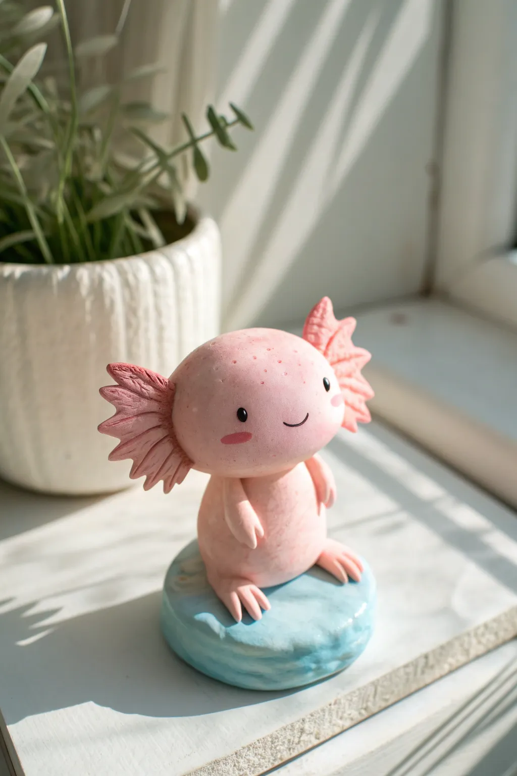 Pastel pink clay axolotl on a tiny blue pond base, minimal, cute, and beginner friendly.