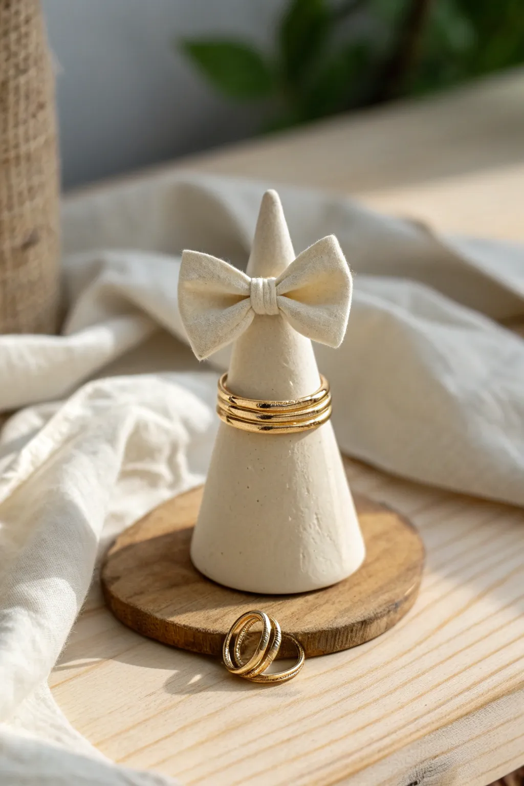 Simple air dry clay bow ring holder in neutral tones, perfect beginner project for your vanity.