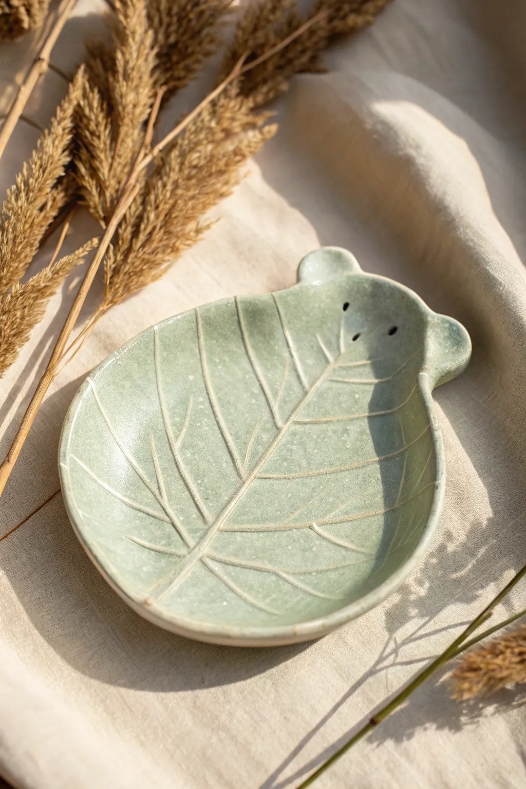Adorable bear-shaped clay plate with leaf-vein texture, softly painted for a playful finish.
