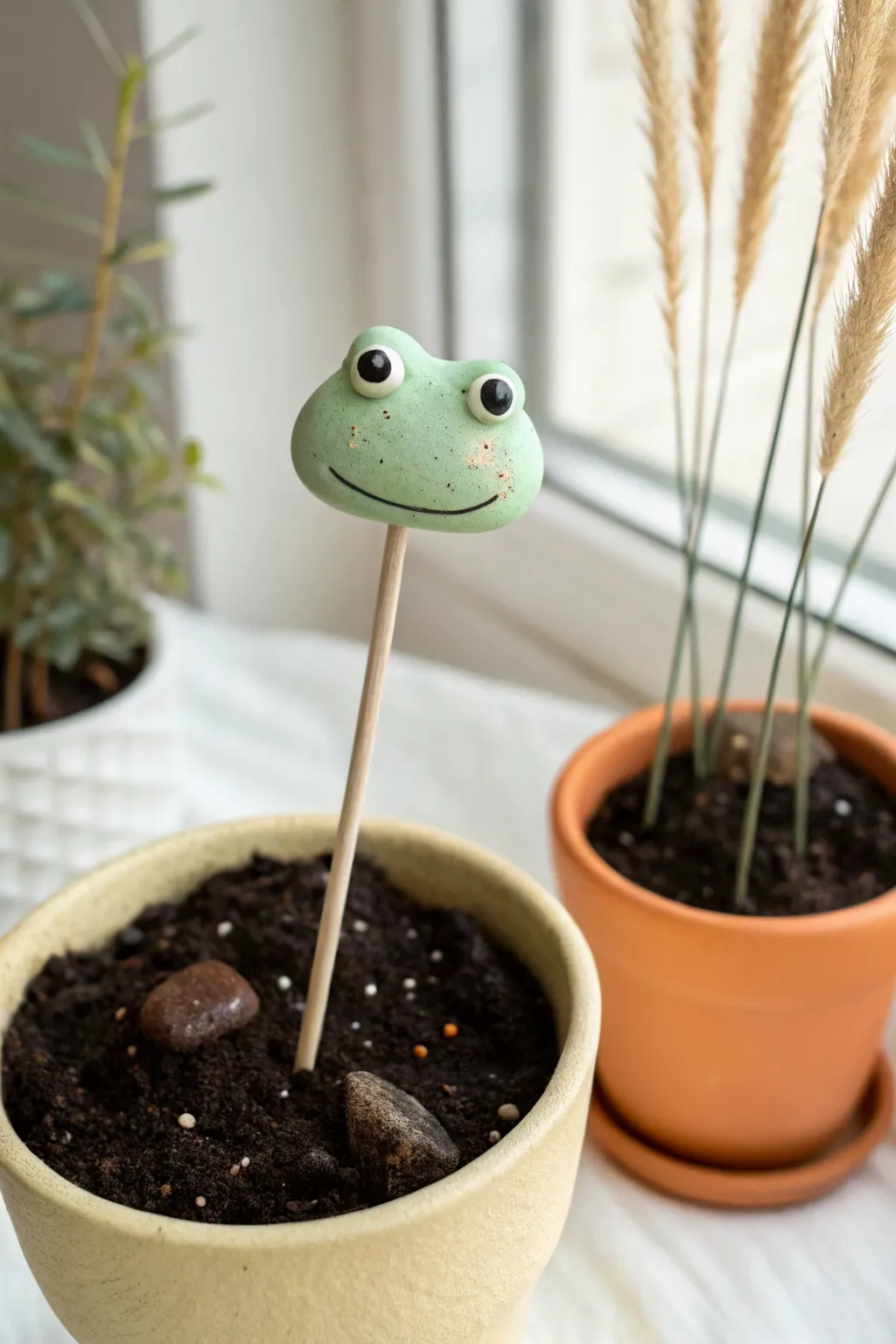 Pastel green frog buddy plant marker peeking from soil, the cutest way to label herbs.