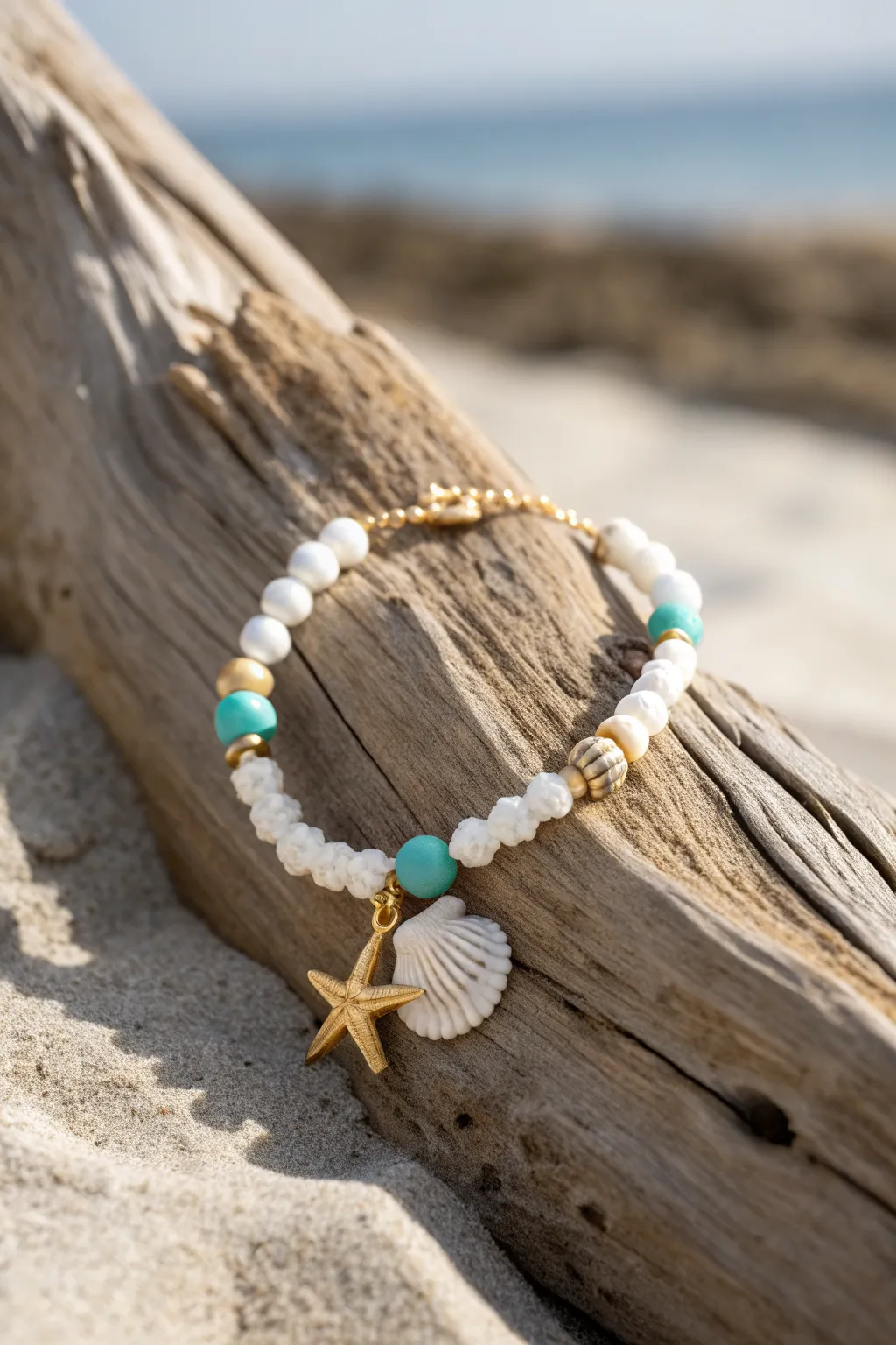 Mini charm cluster bracelet with shell charms and turquoise beads on sunlit driftwood.