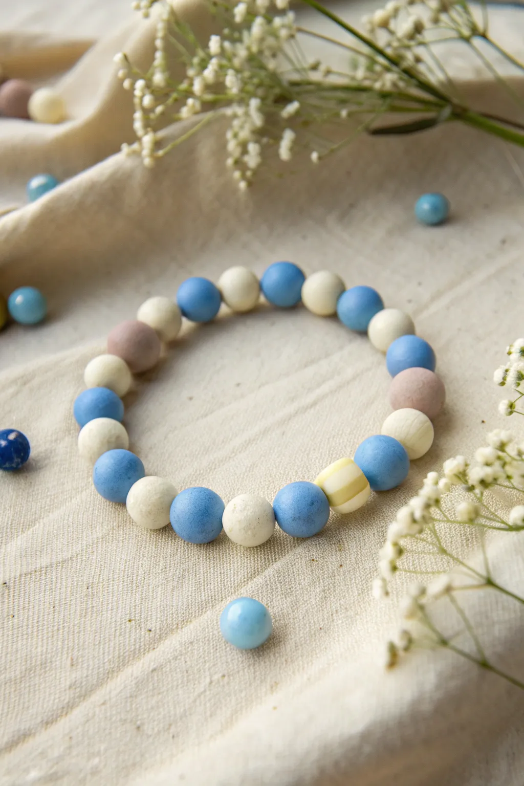 Blue confetti clay bead bracelet with pastel pops for a playful, minimalist boho look