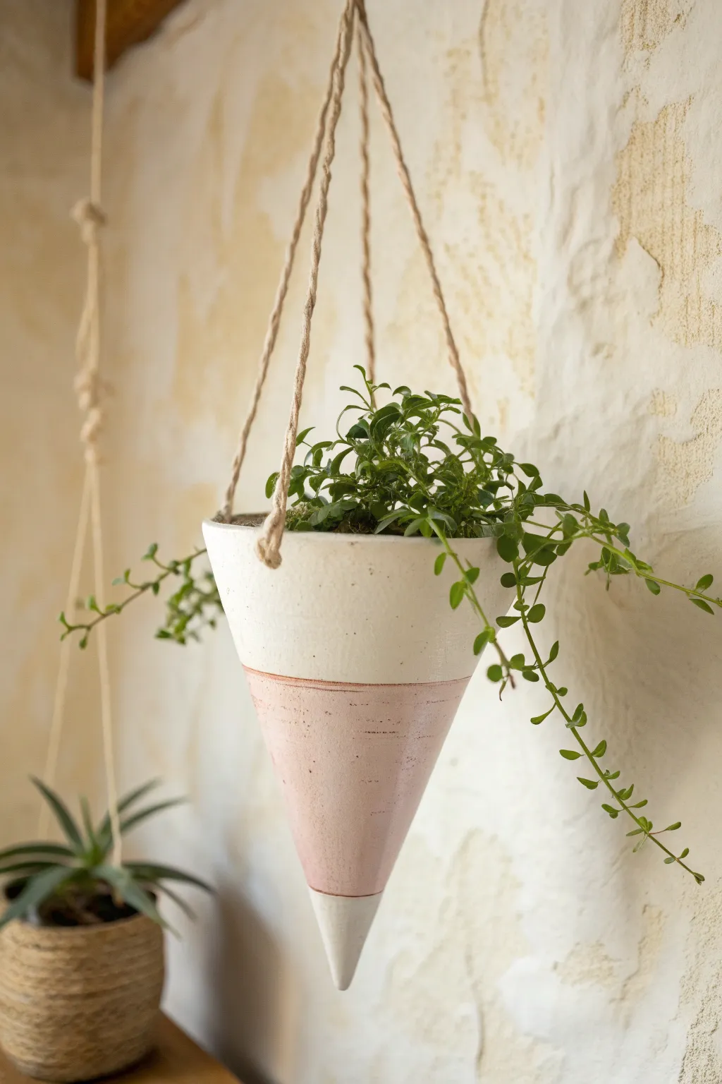 Blush-tipped cone planter brings soft boho charm to a clean Scandinavian wall with trailing greenery.