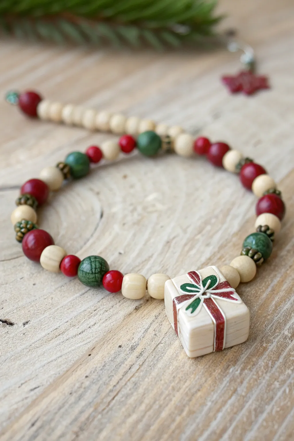 Chunky gift box bead with red and green heishi beads for a cute minimalist holiday bracelet