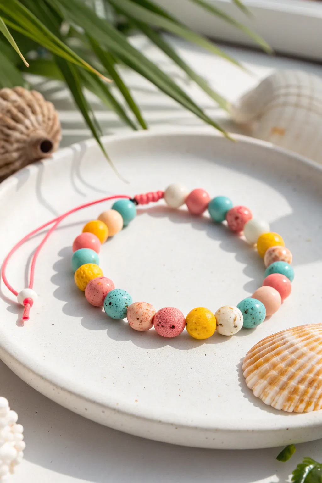 Coral, turquoise, and speckled reef beads bring an easy, cheerful beach vibe to your bracelet.
