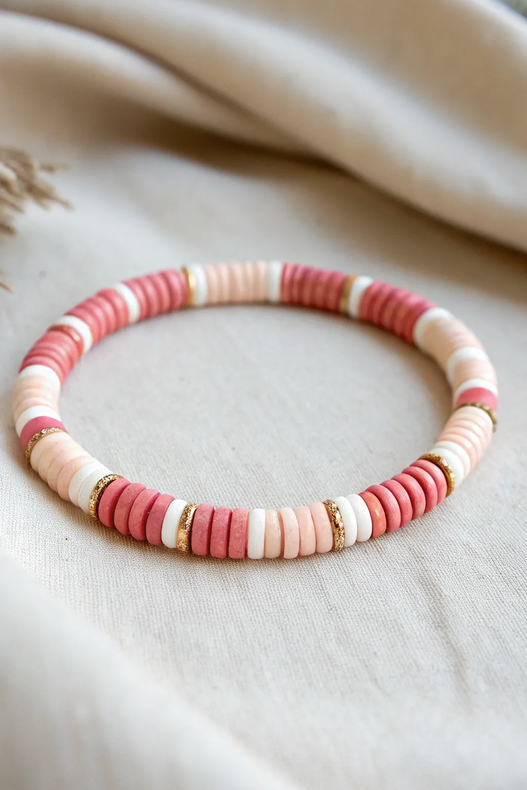 Candy stripe heishi bead bracelet in coral and white, a simple two-color clay favorite