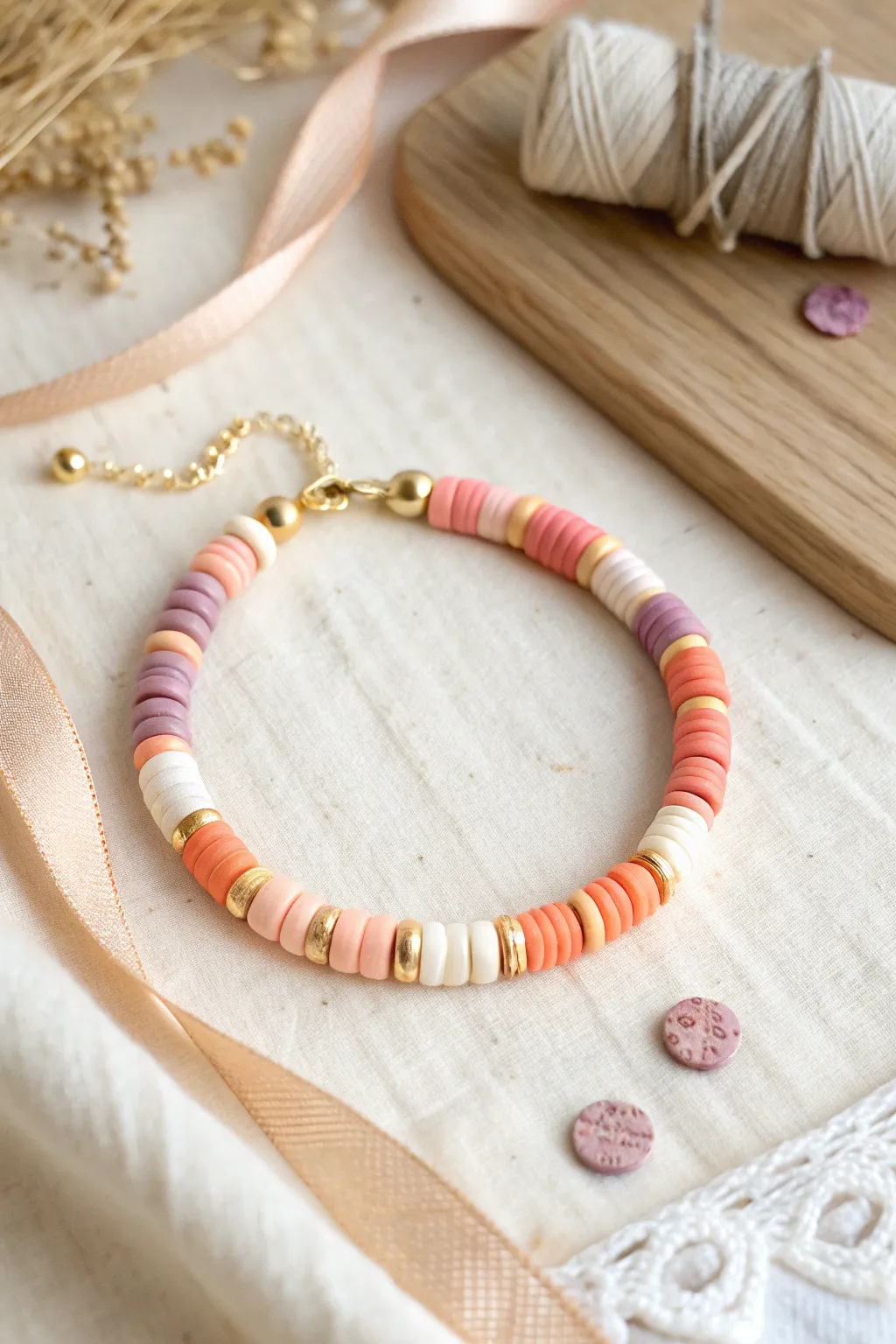 Sunset sorbet clay heishi bracelet flat-lay in coral, peach, lilac and cream, minimalist boho vibes
