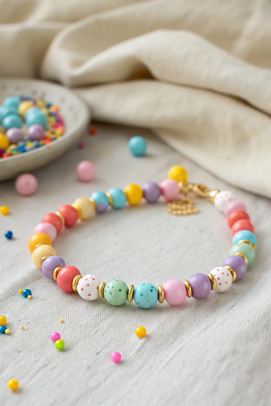 Confetti clay bead bracelet with bright playful colors, styled minimal on linen for sweet contrast