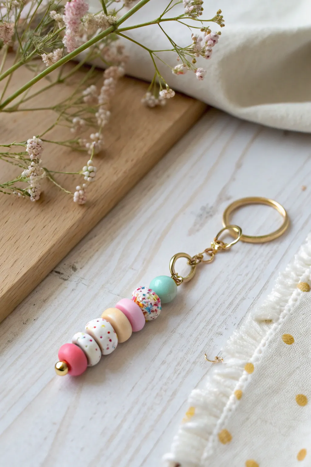 Candy pastel heishi keychain with sprinkle speckle accents, photographed on airy Scandinavian linen.