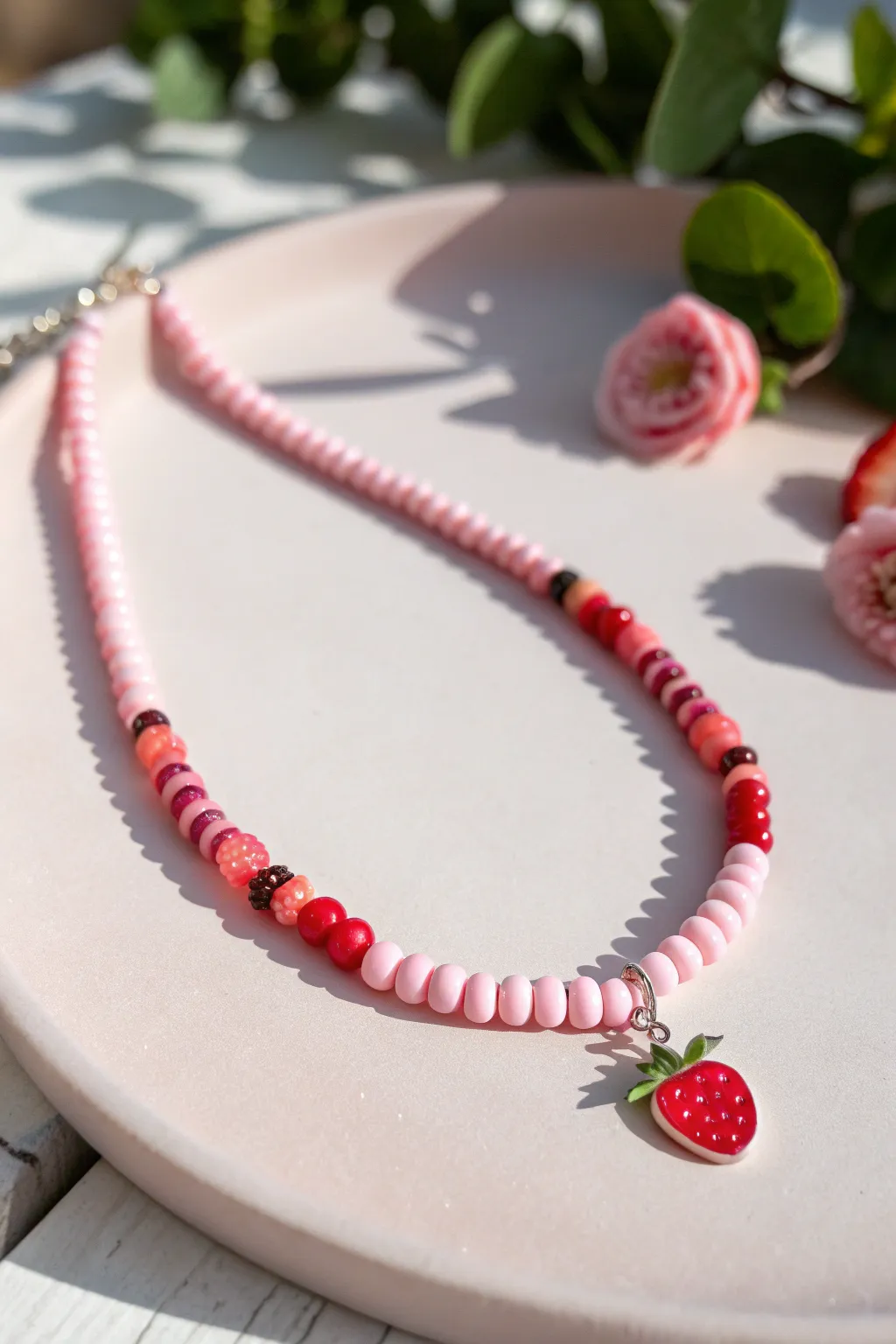 Sweet fruit charm heishi necklace in pink and red, minimalist boho clay bead inspiration.