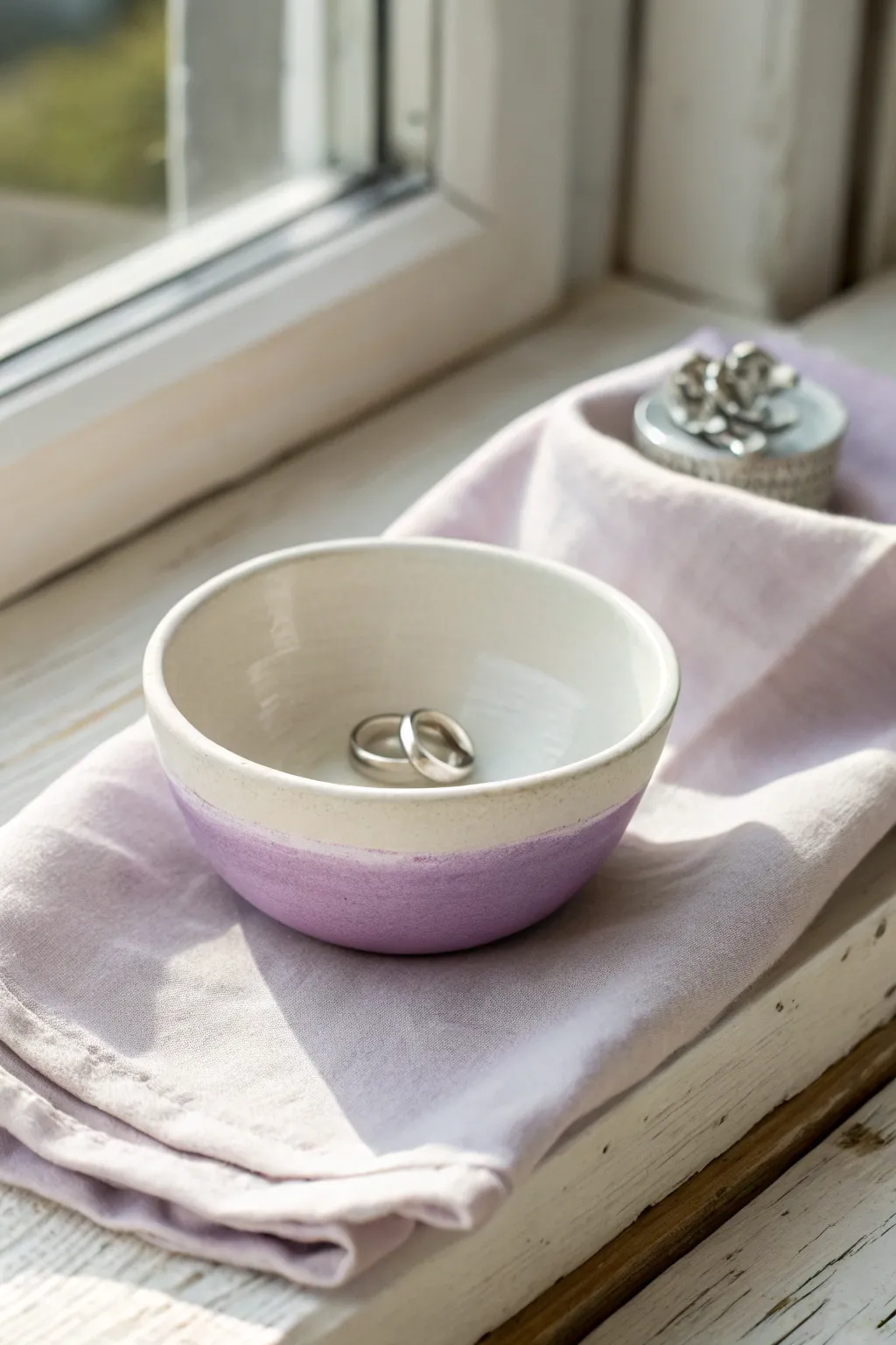 Pastel ombré mini bowl with a statement ring, minimalist light, calm Scandinavian vibe.