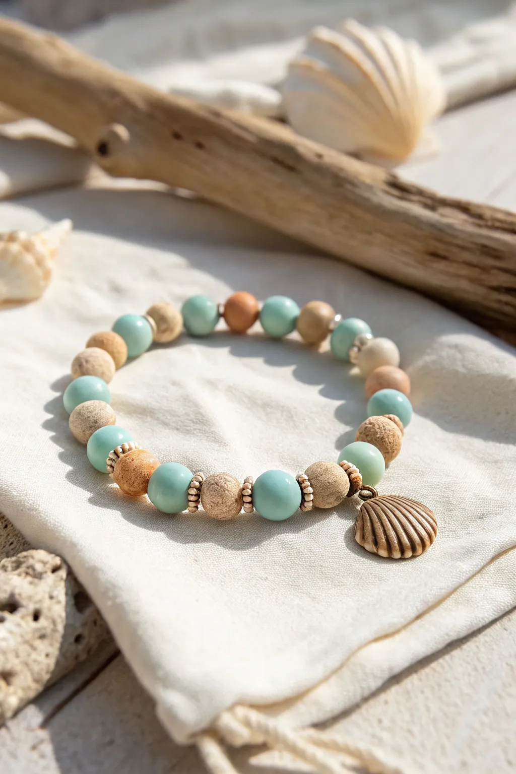 Beachy blue clay bracelet with a shell charm, styled on linen with driftwood in soft light