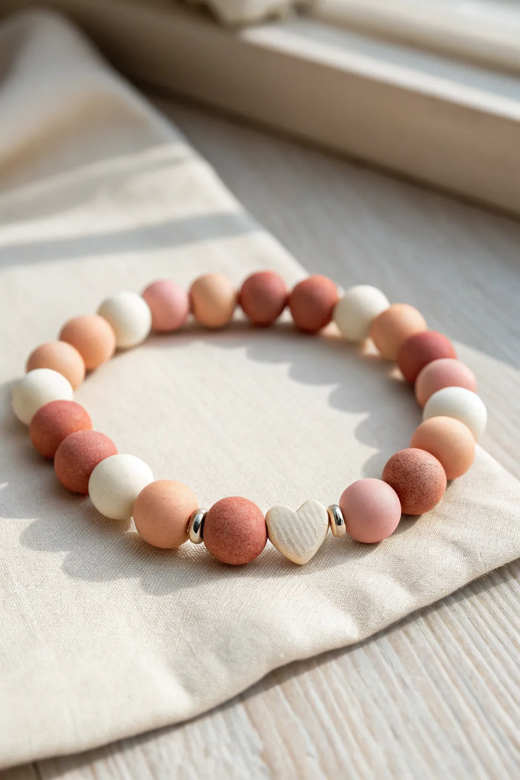 Minimalist clay bead bracelet with a tiny heart focal, soft pastel symmetry, and handcrafted charm.
