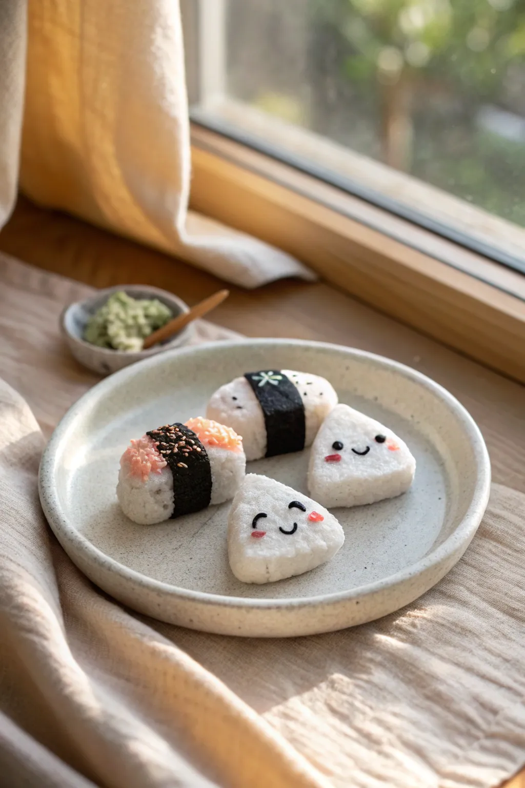 Tiny sushi roll clay charms on a minimalist plate with sweet faces and Nordic boho calm
