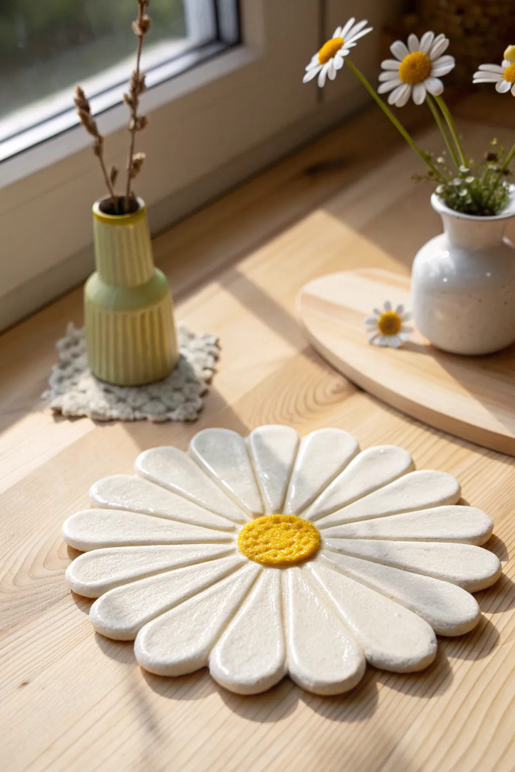 Sweet daisy clay coaster with glossy sunny center, perfect for cozy minimalist tablescapes.