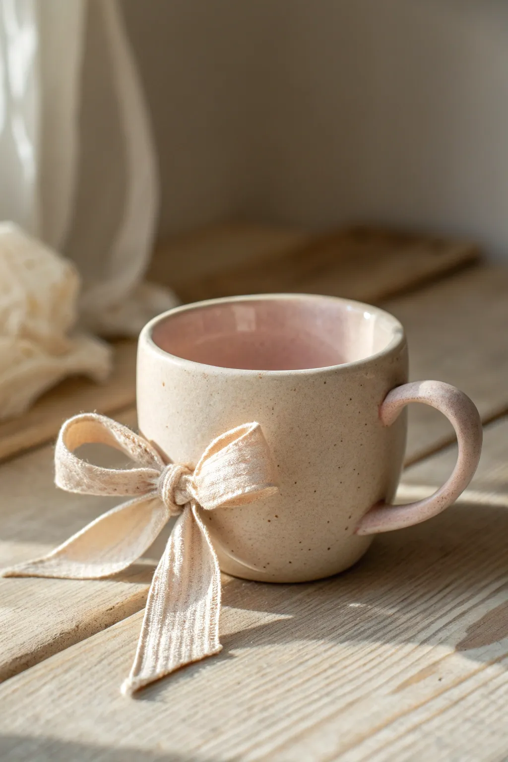 Sweet bow-detail clay cup with a linen ribbon charm, minimalist and softly feminine
