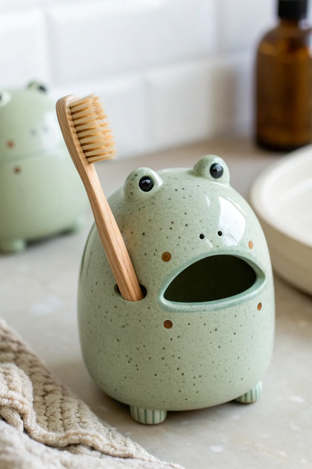 Open-mouth clay toothbrush buddy: a cute minimalist frog monster holder with charming handmade texture