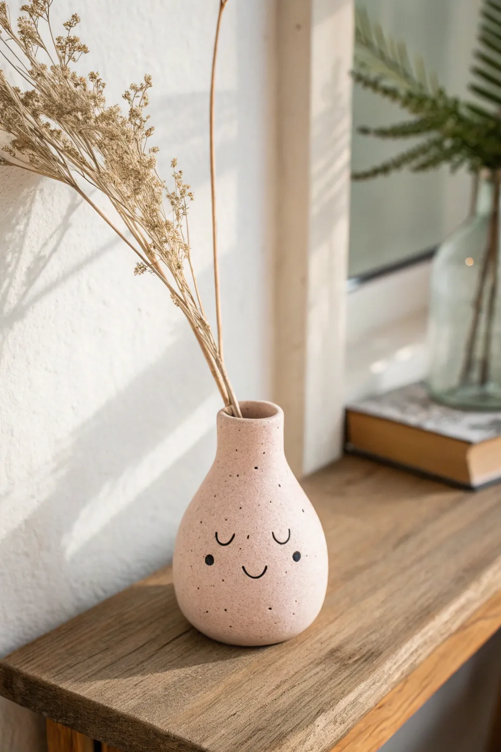Sweet pastel mini bud vase with a tiny face and one dried stem, minimalist shelf styling.