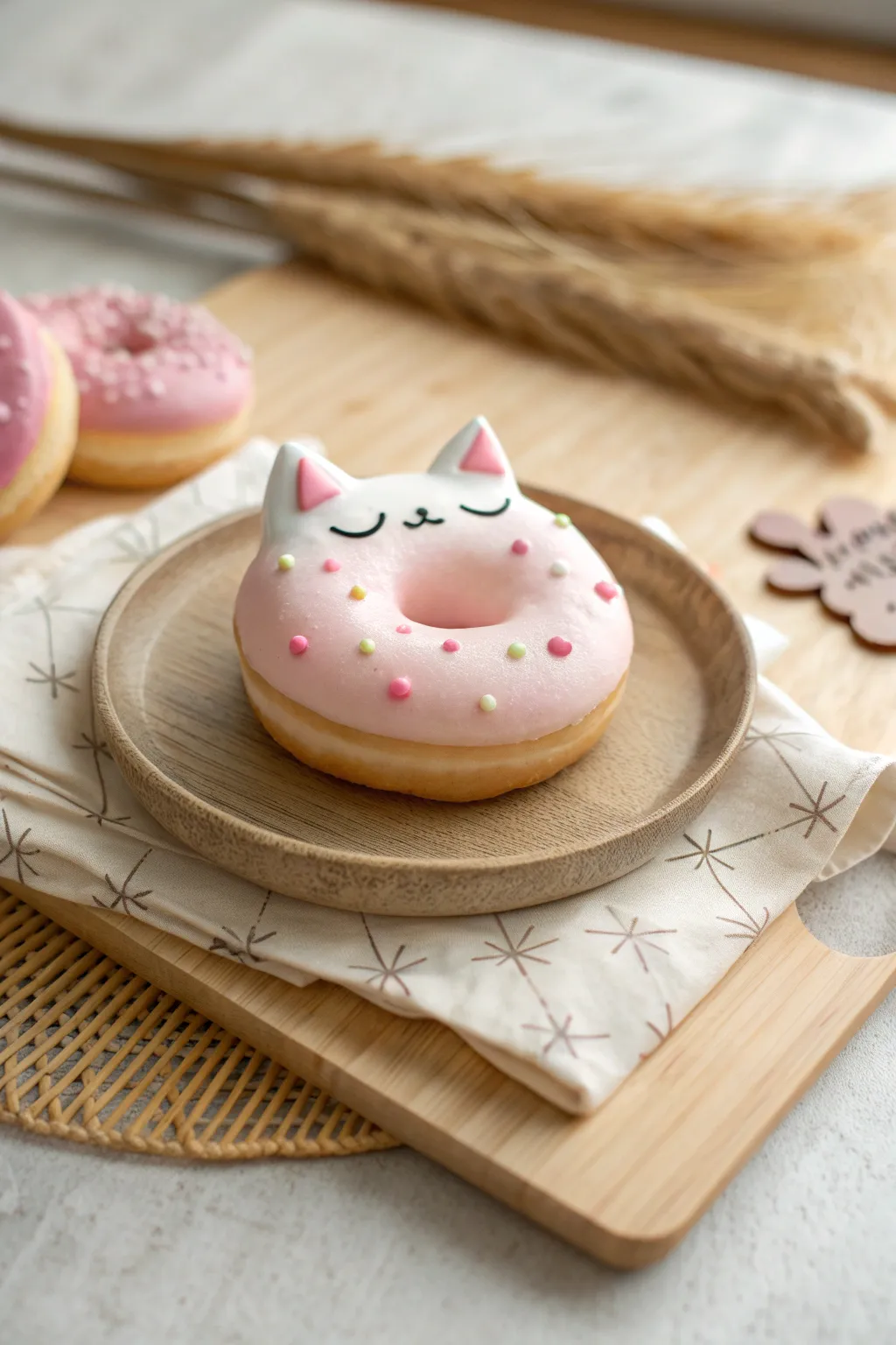 Cute cat-donut clay charm in soft pastels, minimalist Scandinavian styling with a boho feel.