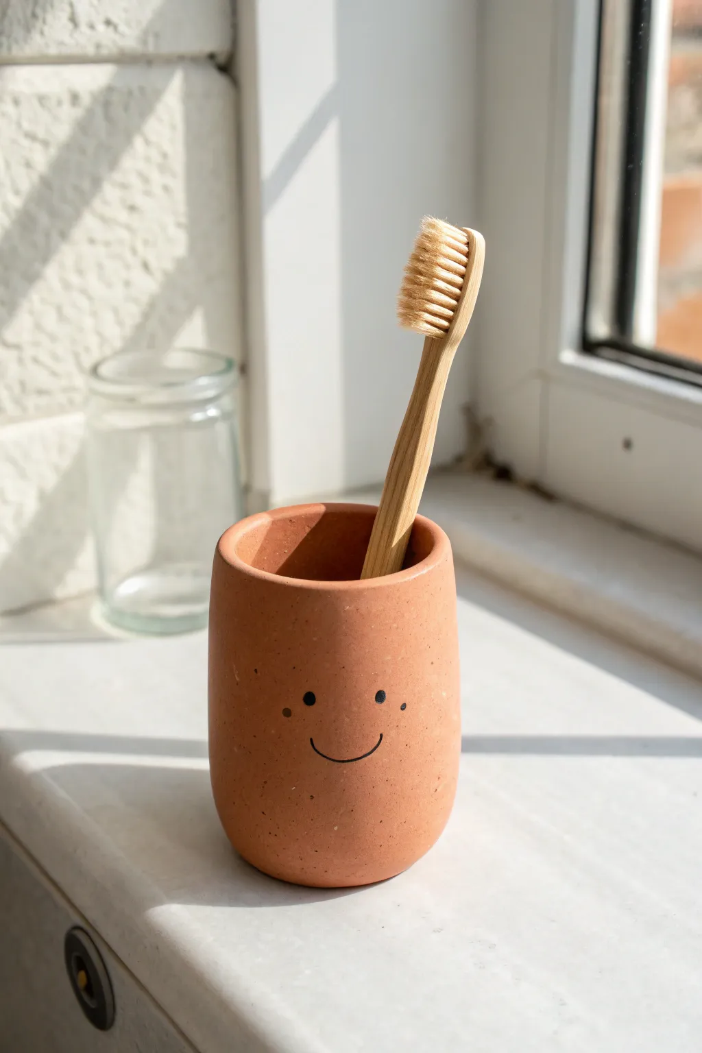Beginner-friendly clay brush holder with a sweet face, perfect for bathroom or vanity.