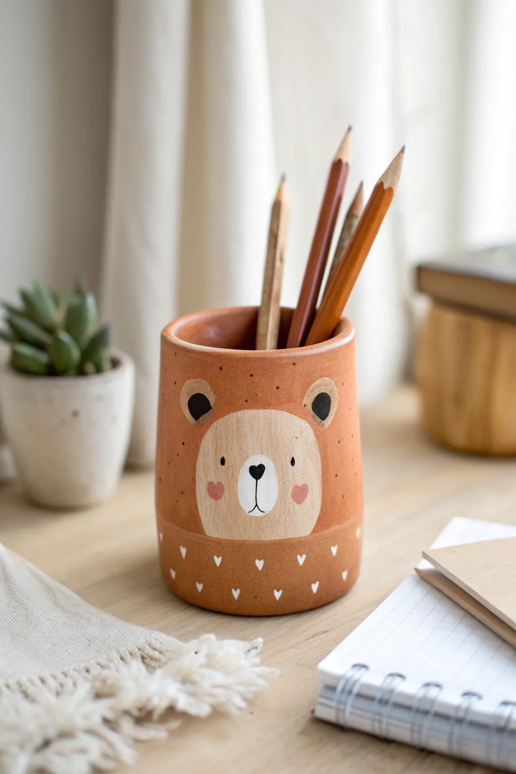 Adorable bear clay pencil cup desk buddy, a simple kid-friendly DIY with minimalist boho charm.