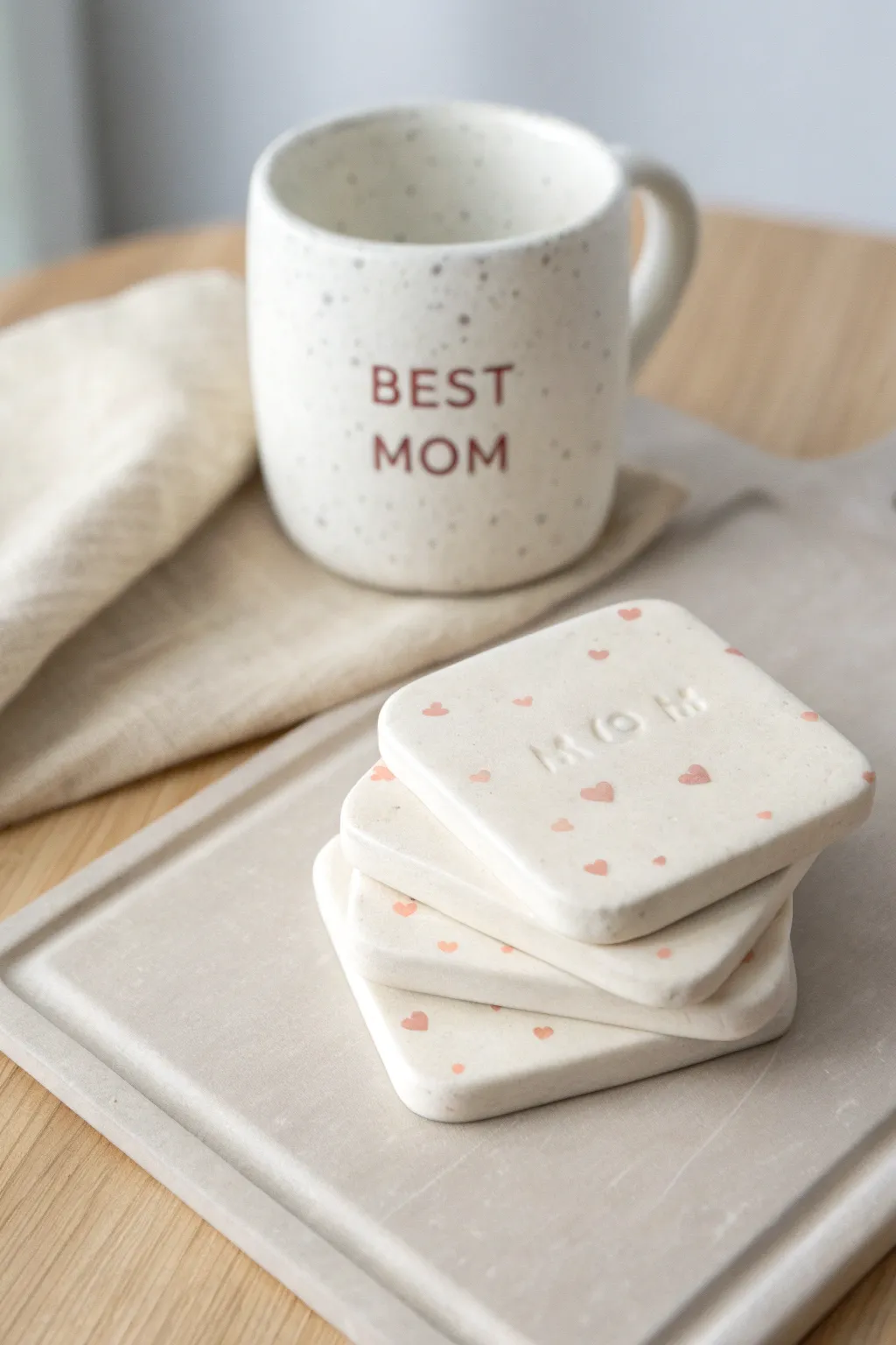 Soft clay heart coasters stacked beside a simple mug, a sweet handmade Mothers Day gift.