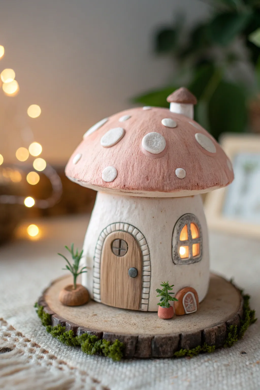 Storybook clay mushroom cottage with soft fairytale tones and cozy minimalist charm