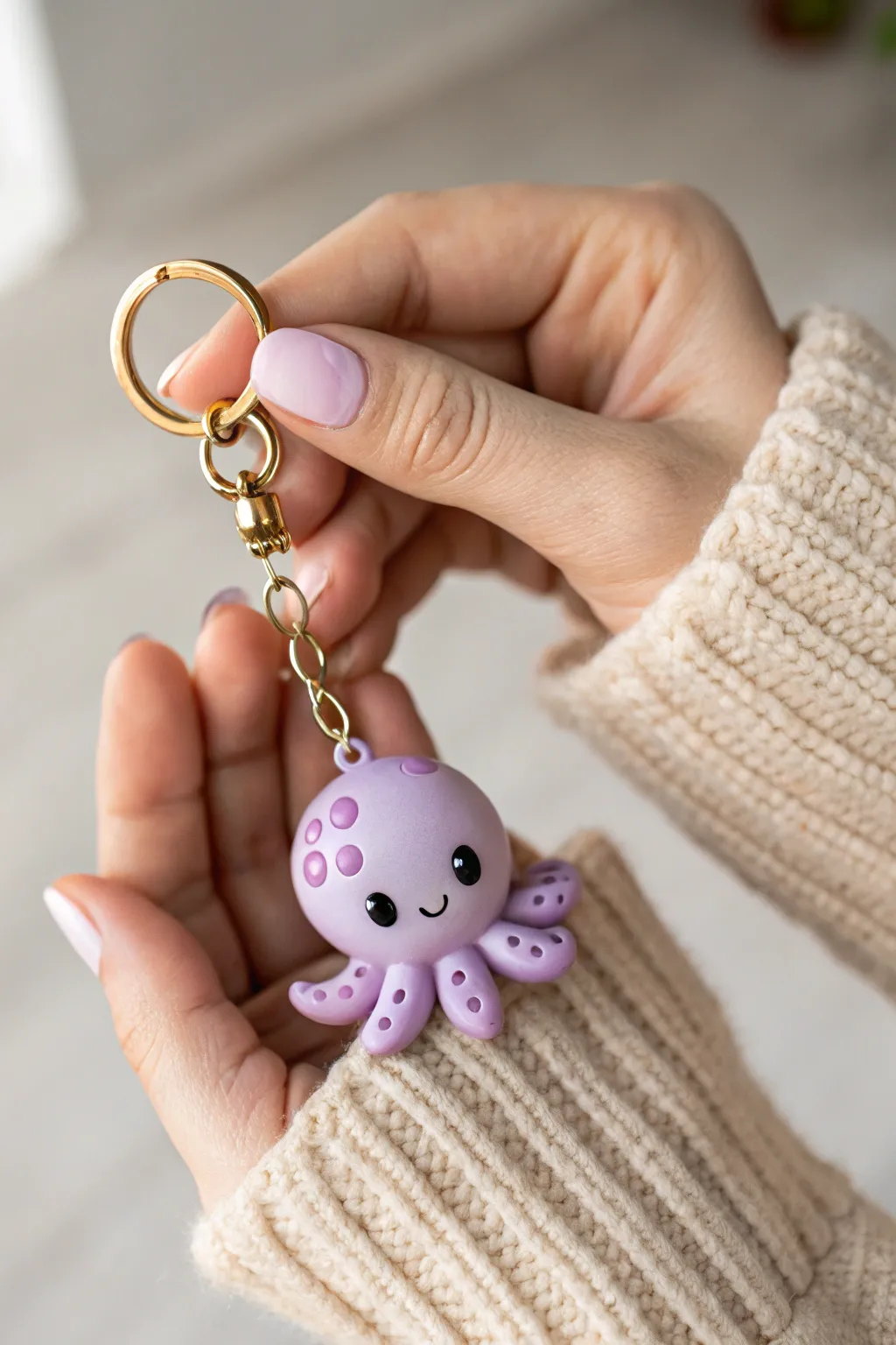 Palm-sized chibi octopus keychain in soft pastel clay, tiny smile, handmade and durable.