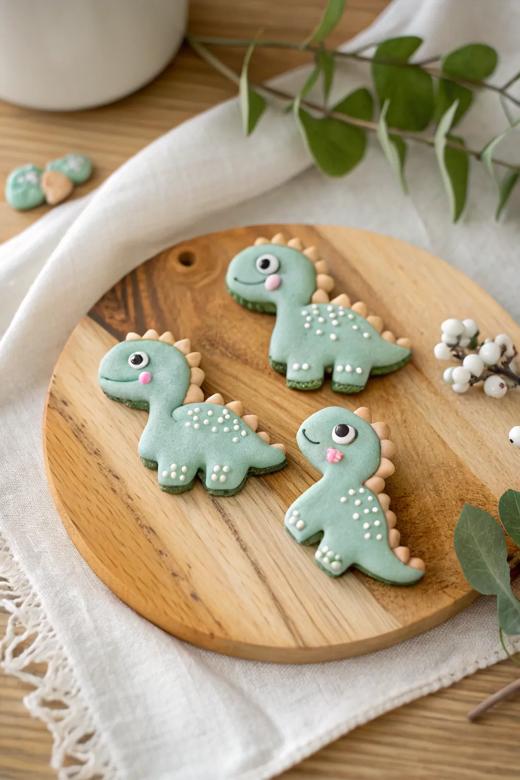 Baby dinosaur mini clay magnets in soft greens and blues, sweet faces and cozy minimalist vibes