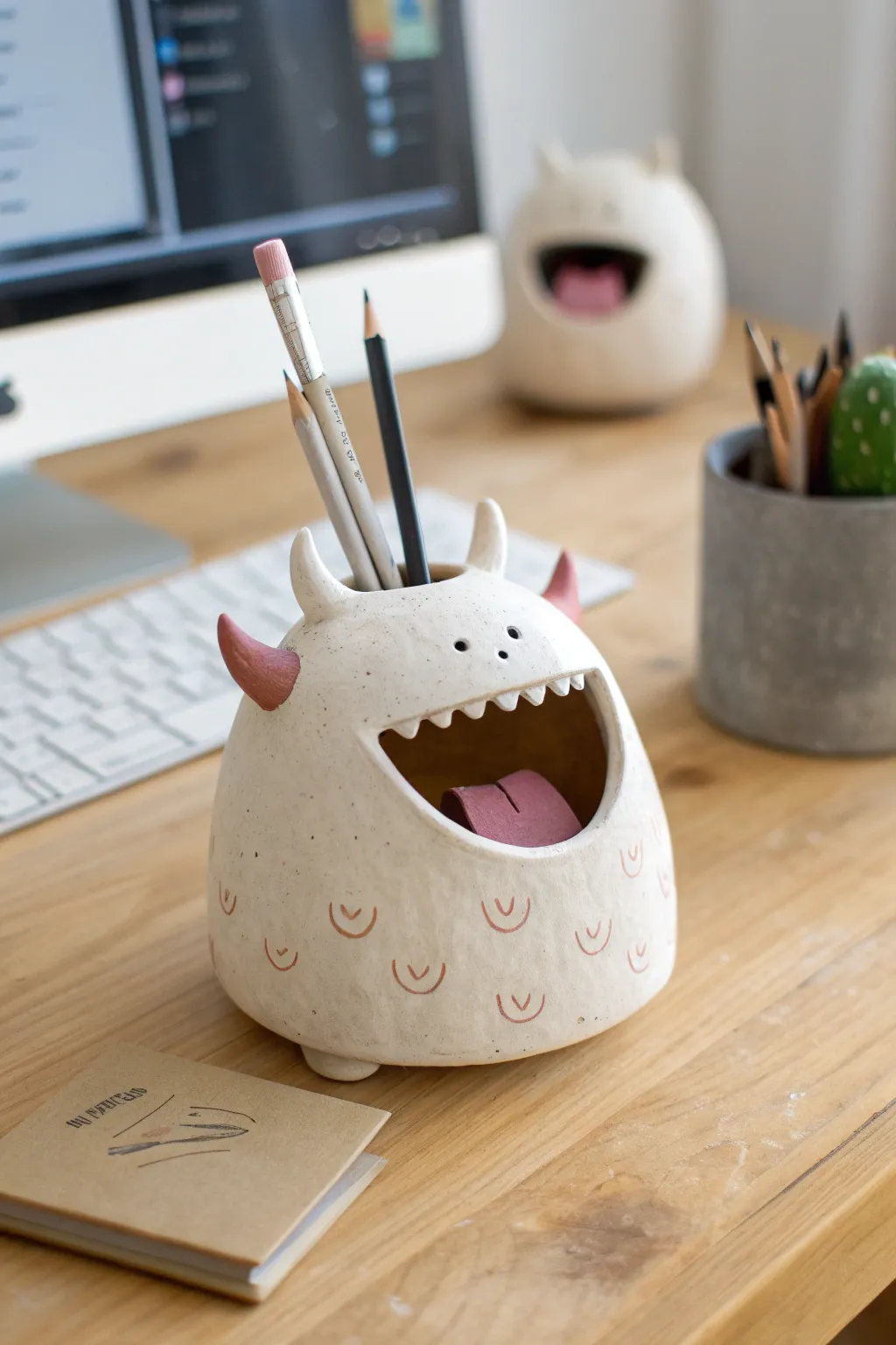 Pinch-pot mouth monster desk holder with rounded teeth and a playful tongue in soft minimal style.