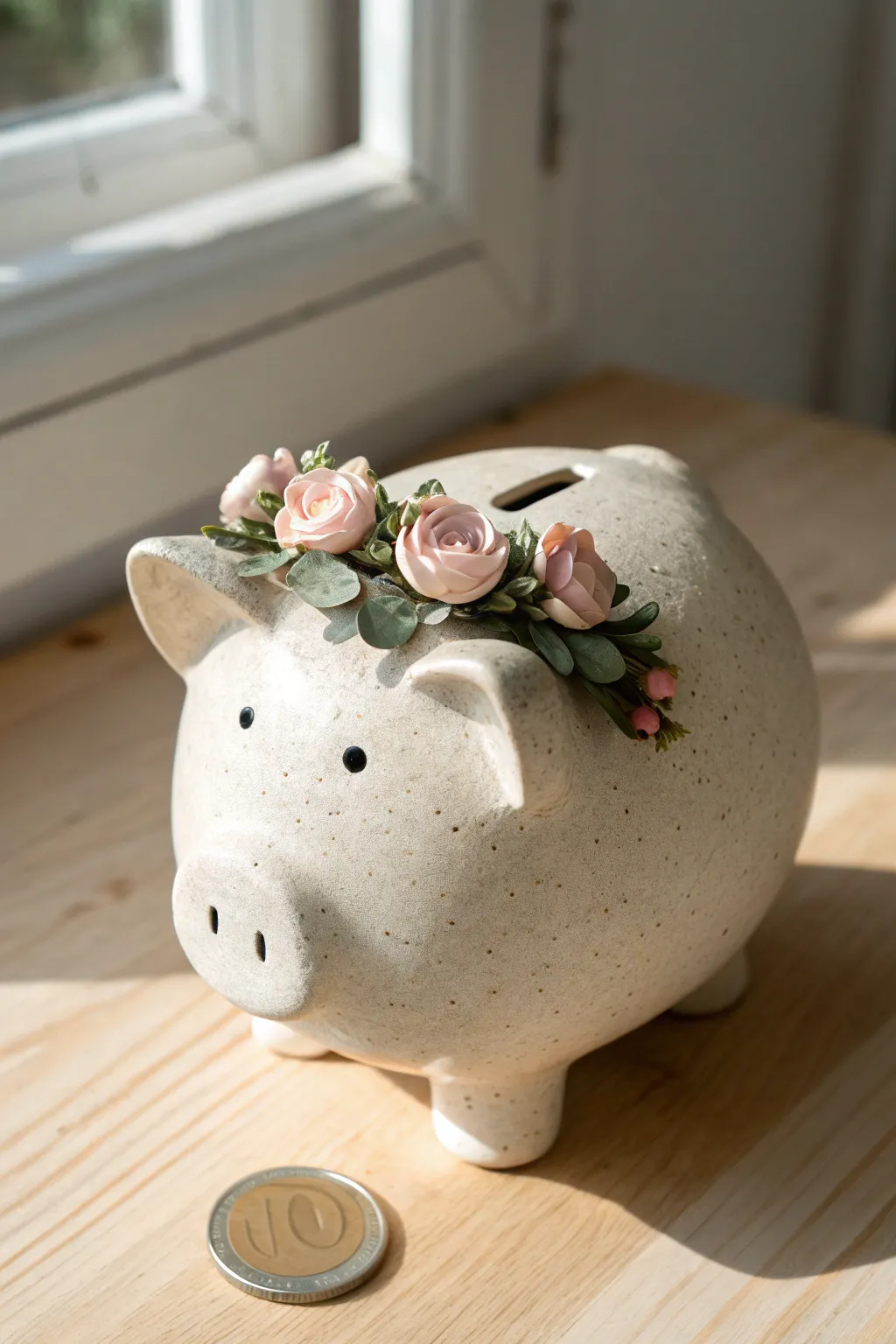 A sweet minimalist piggy bank topped with a simple flower crown for charming savings decor.