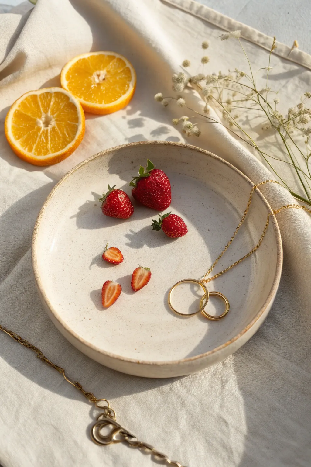 Cream clay plate with tiny 3D fruit charms, perfect for holding rings and necklaces in style