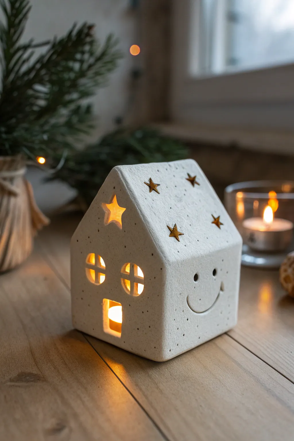 Starry tealight house with a gentle smile, warm glow in a cozy Scandinavian boho nook.