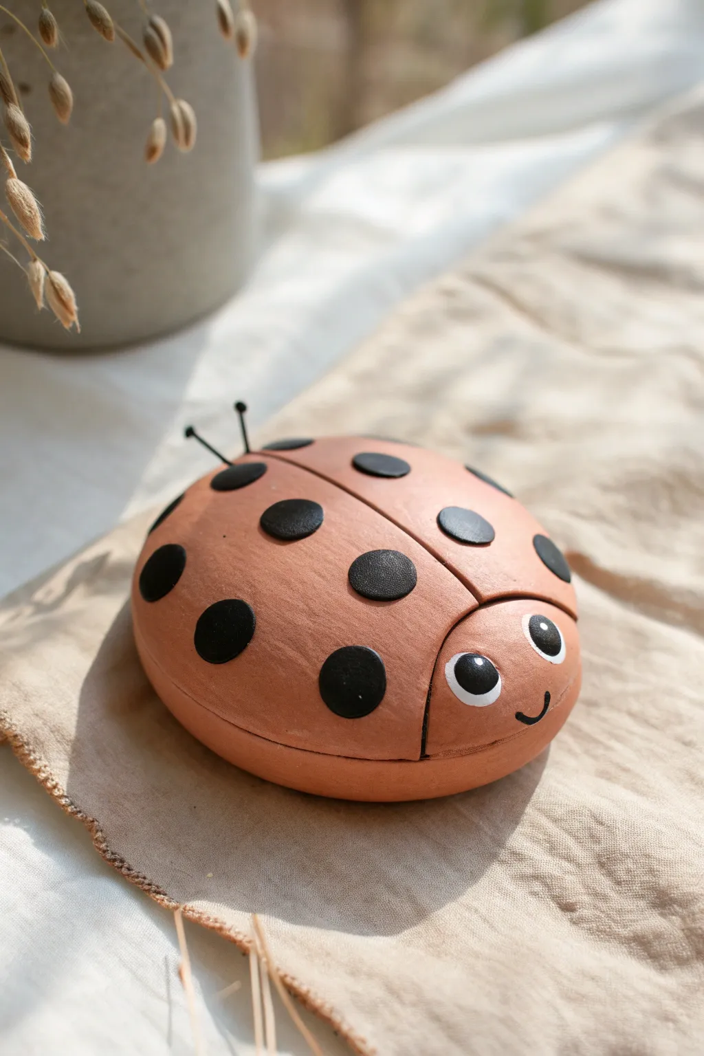 Sweet ladybug dot rattle in soft clay tones, minimalist, boho, and lovingly handmade.