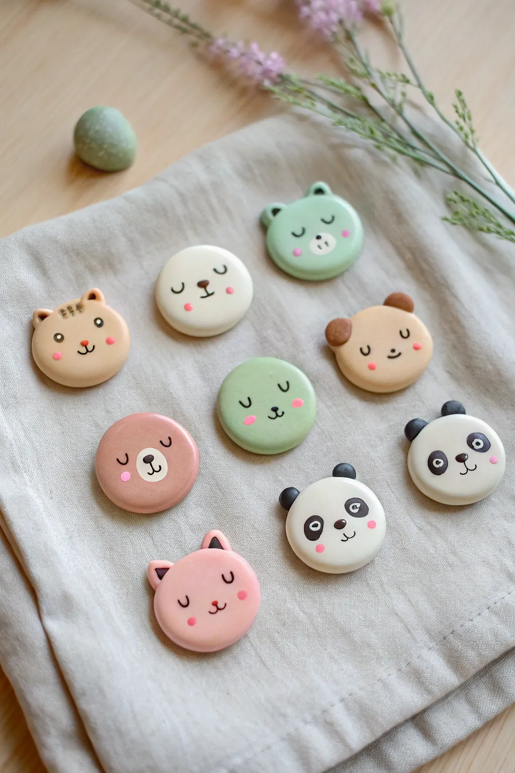 Pastel kawaii mini animal face magnets in a cozy minimalist set, sweet, simple, and handmade.