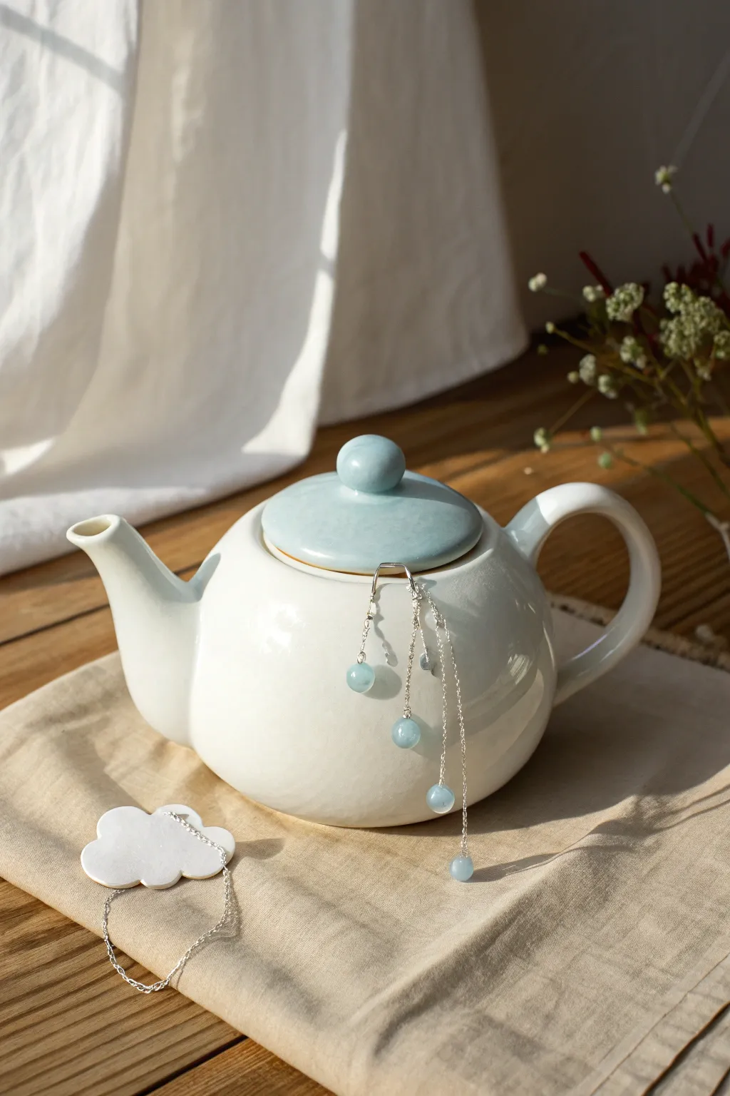 Sweet cloud teapot with tiny raindrop charms, minimalist and cozy in soft Scandinavian light.
