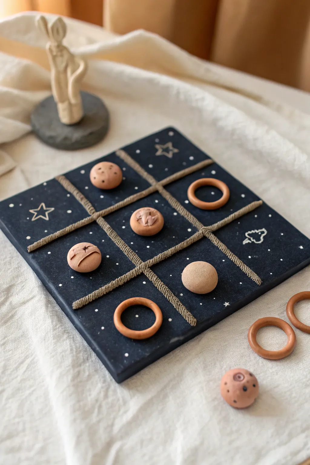 Space-themed clay tic tac toe with planet and rocket tokens, minimalist and playful.