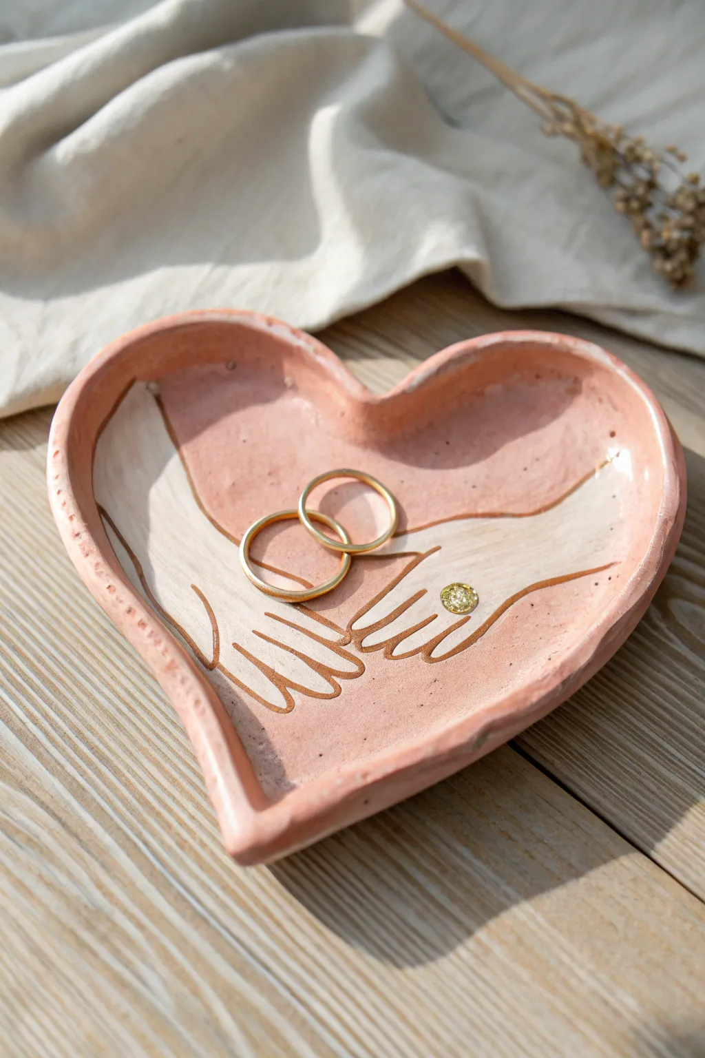 Heart-shaped peach clay hug tray with tiny hands, holding rings—minimal, cozy, handmade charm