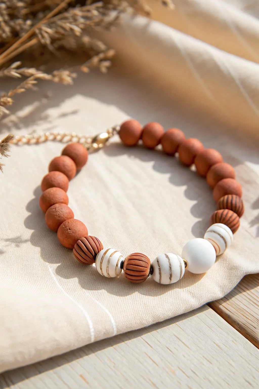 Simple striped clay bead bracelet with crisp white breaks for an easy, modern handmade look.