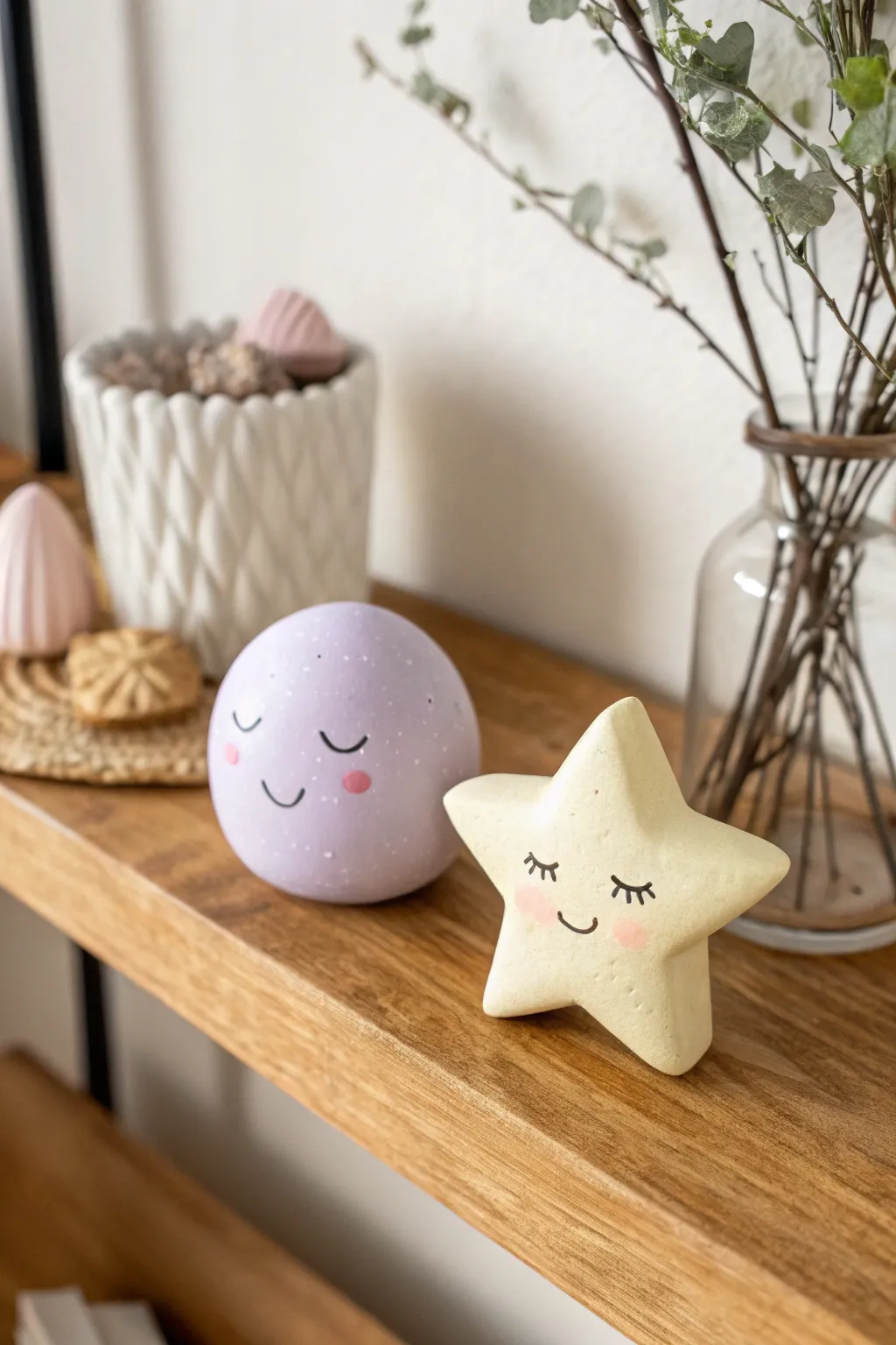 Make date night adorable with a pastel planet and smiling star duo, simple dreamy shelf decor