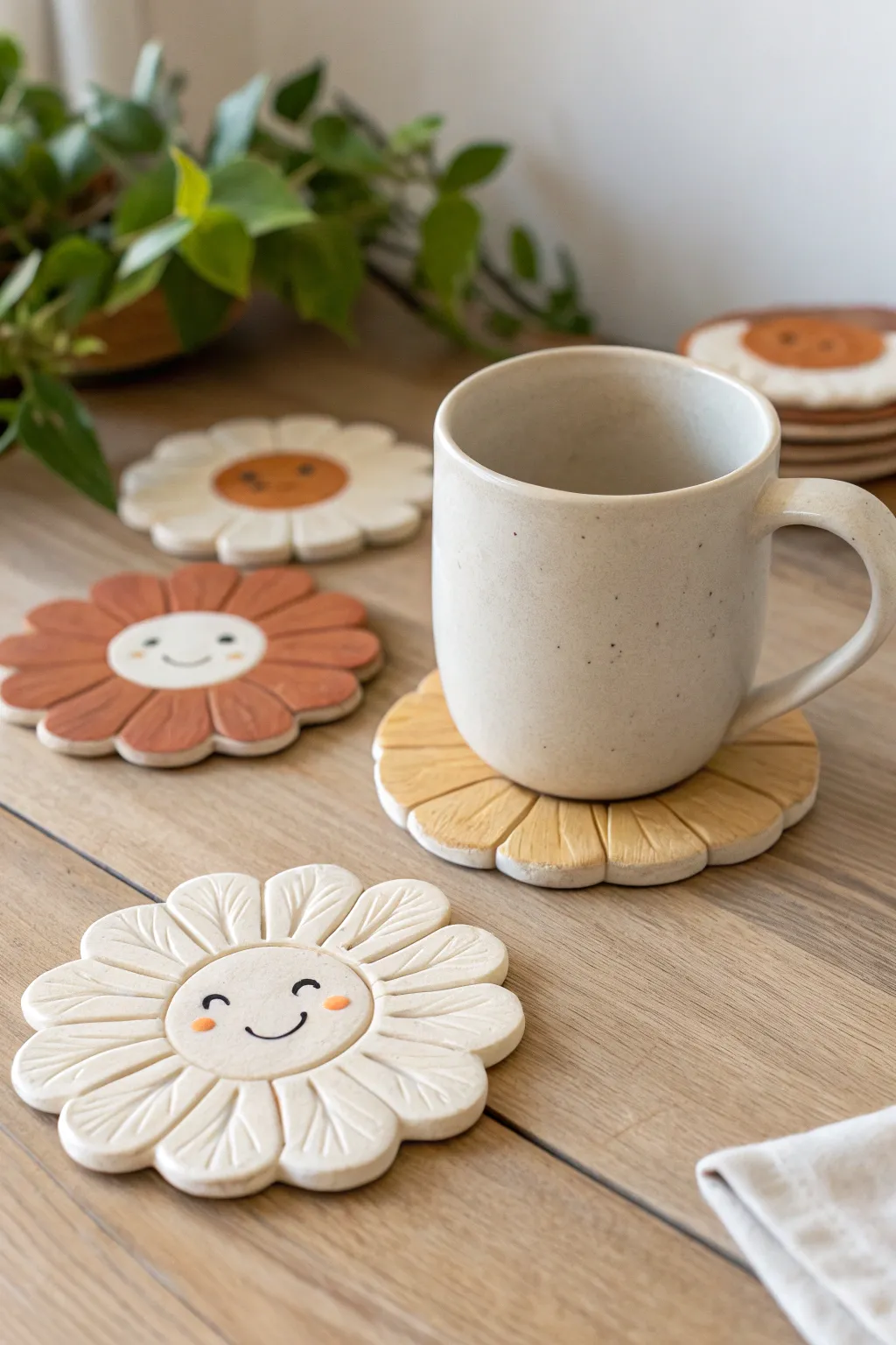 Adorable flower-face clay coaster under a cozy mug, minimalist and handmade in soft neutrals.
