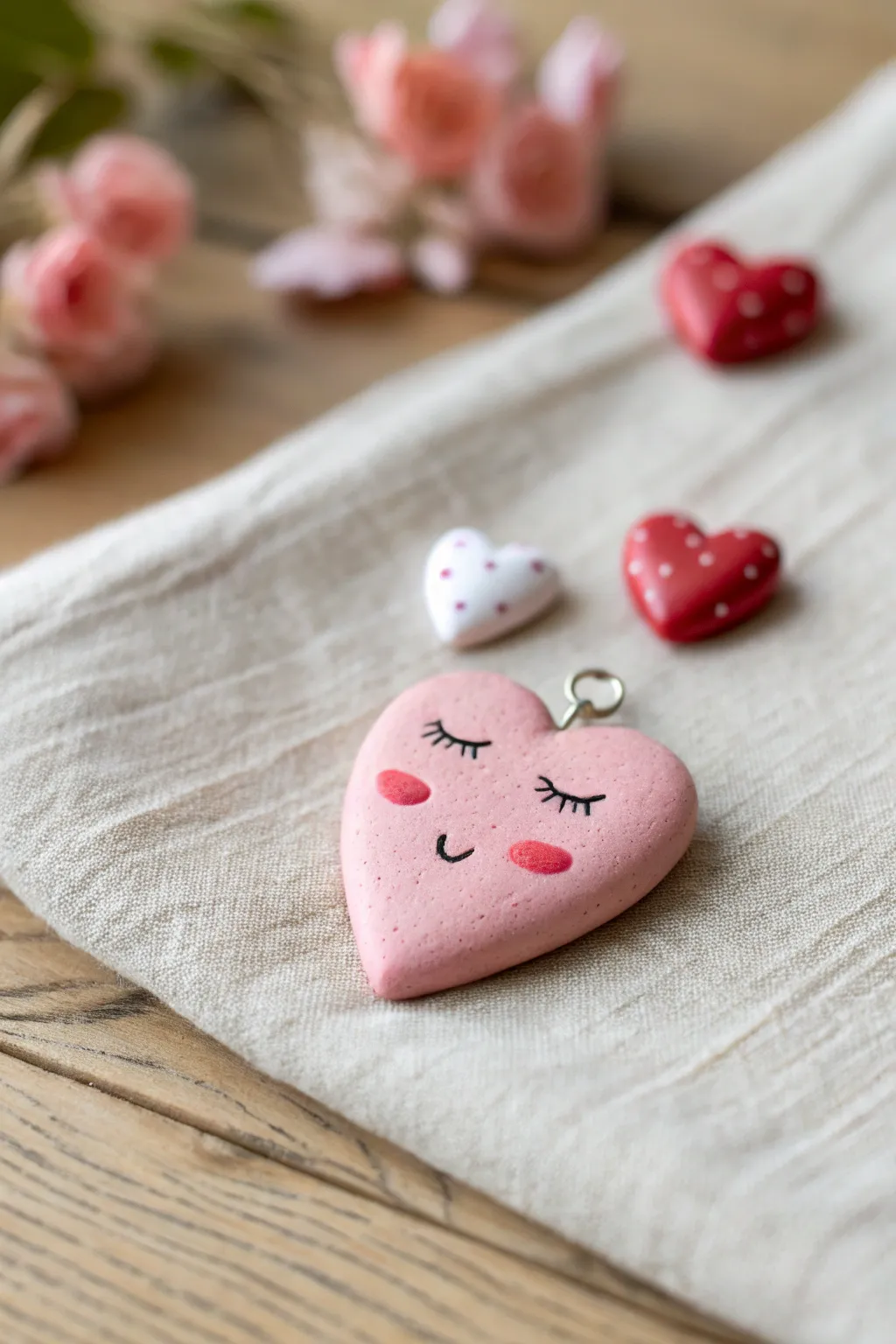 Sweet tiny heart charms with shy faces, minimalist pinks and reds for a cute clay set